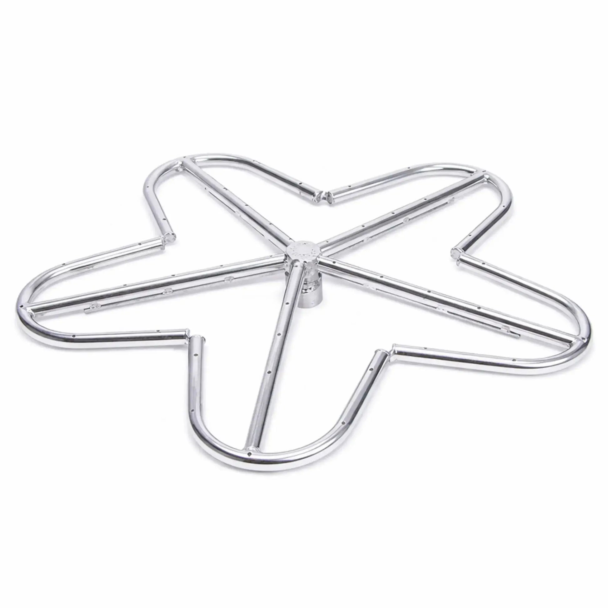 Top-down view of a stainless steel penta-shaped fire pit burner with five rounded lobes and evenly spaced gas ports, centered on a clean white background to highlight construction details and symmetrical design.