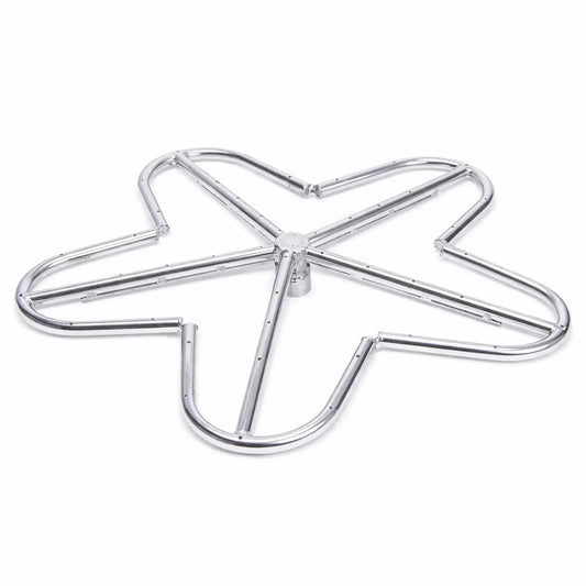 Top-down view of a stainless steel penta-shaped fire pit burner with five rounded lobes and evenly spaced gas ports, centered on a clean white background to highlight construction details and symmetrical design.