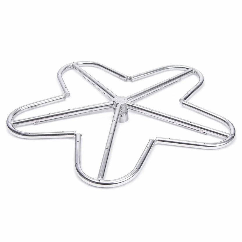 Top-down view of a stainless steel penta-shaped fire pit burner with five rounded lobes and evenly spaced gas ports, centered on a clean white background to highlight construction details and symmetrical design.