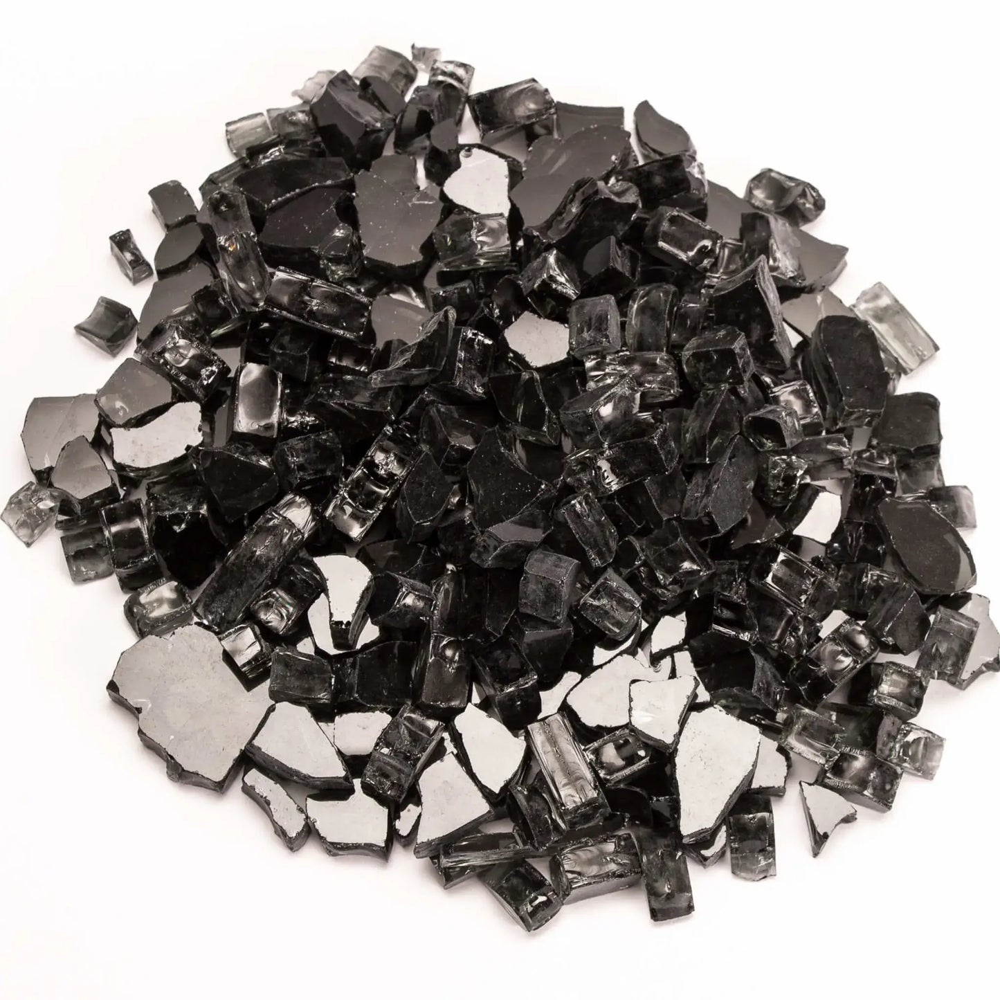 Close-up of non-reflective black tempered fire glass pieces scattered on a white background. The glass features a mix of angular shards and smooth edges with a glossy charcoal finish, offering a bold, modern look for fire pit burners and fireplace media.