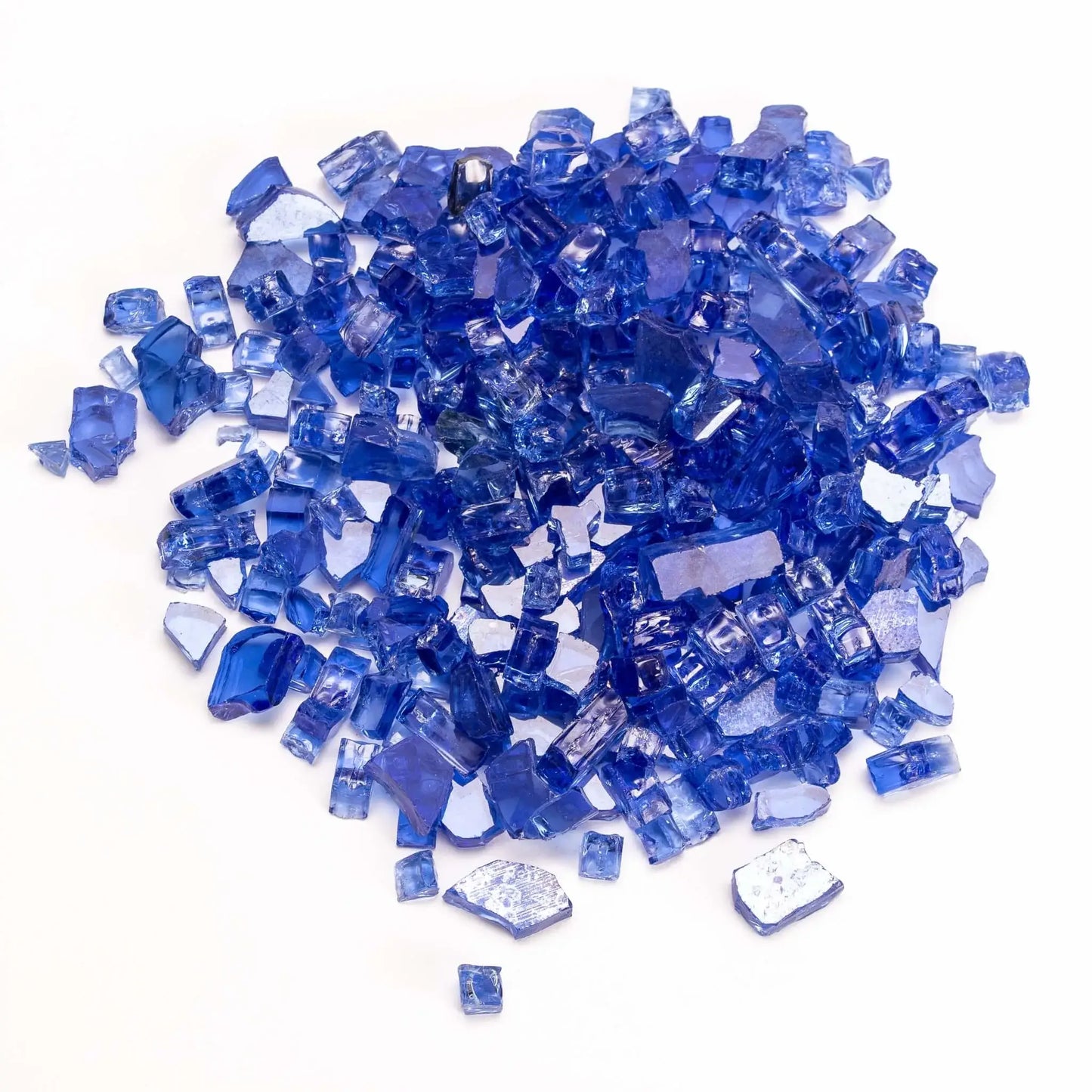 Vibrant cobalt blue fire glass pieces piled together, showing deep, rich blue tones with a glossy finish. The angular shapes and translucent quality create a striking visual effect, ideal for bold, eye-catching fire pit installations.