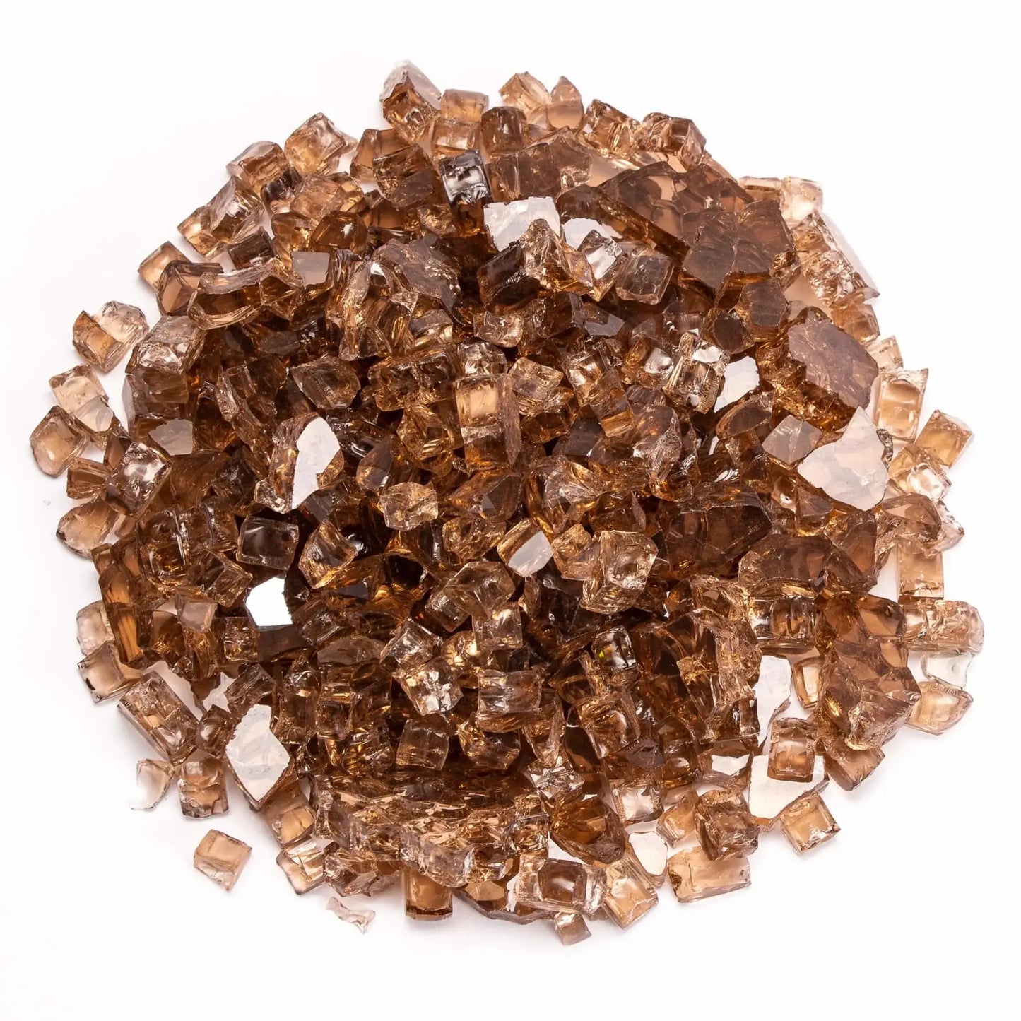 Copper-toned tempered fire glass displayed in a dense pile, featuring warm amber hues with subtle variations in color. The reflective surfaces enhance the glow of flames, adding a luxurious and inviting ambiance to outdoor or indoor fire features.