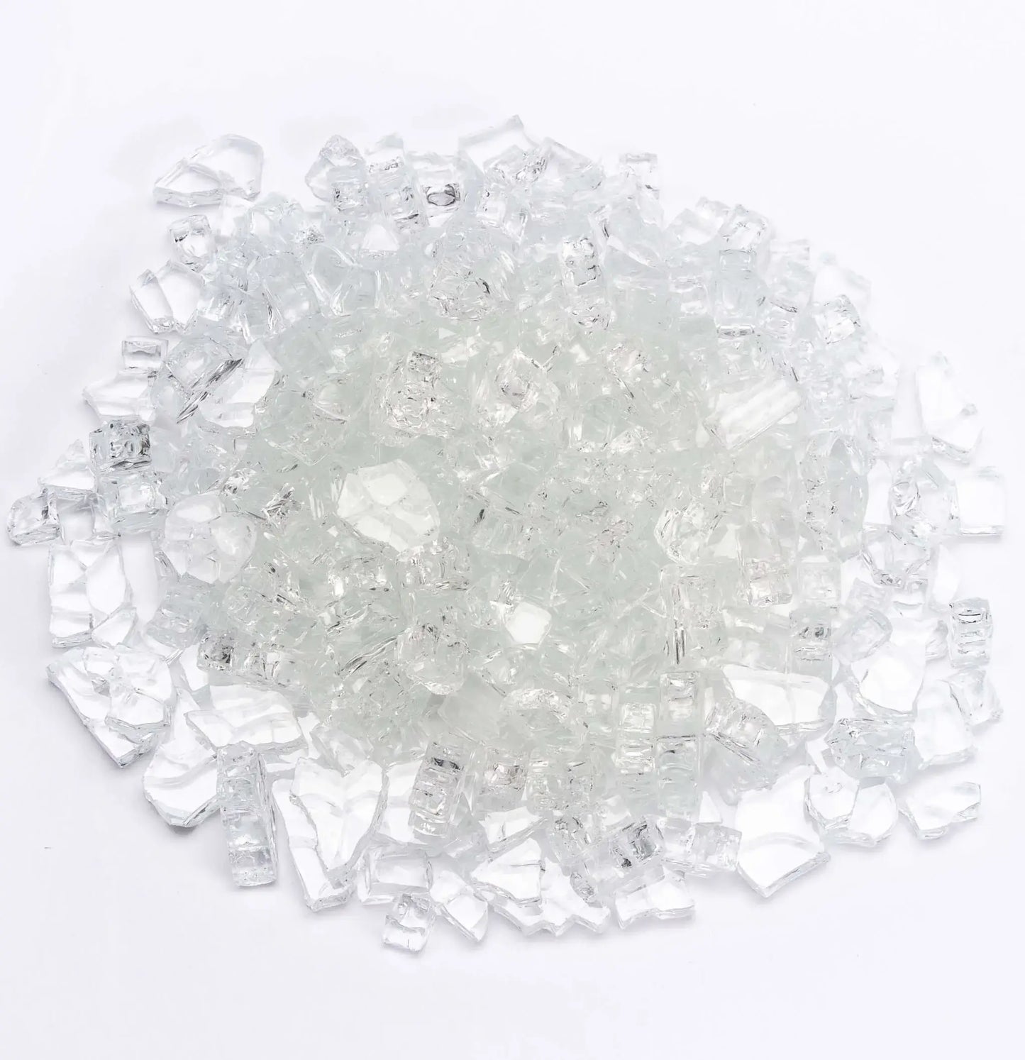 Starfire ultra-clear tempered fire glass shown in a bright, crystal-like pile. The highly transparent pieces provide a clean, polished look, allowing flames to shine through vividly while maintaining a sleek, contemporary fire pit appearance.