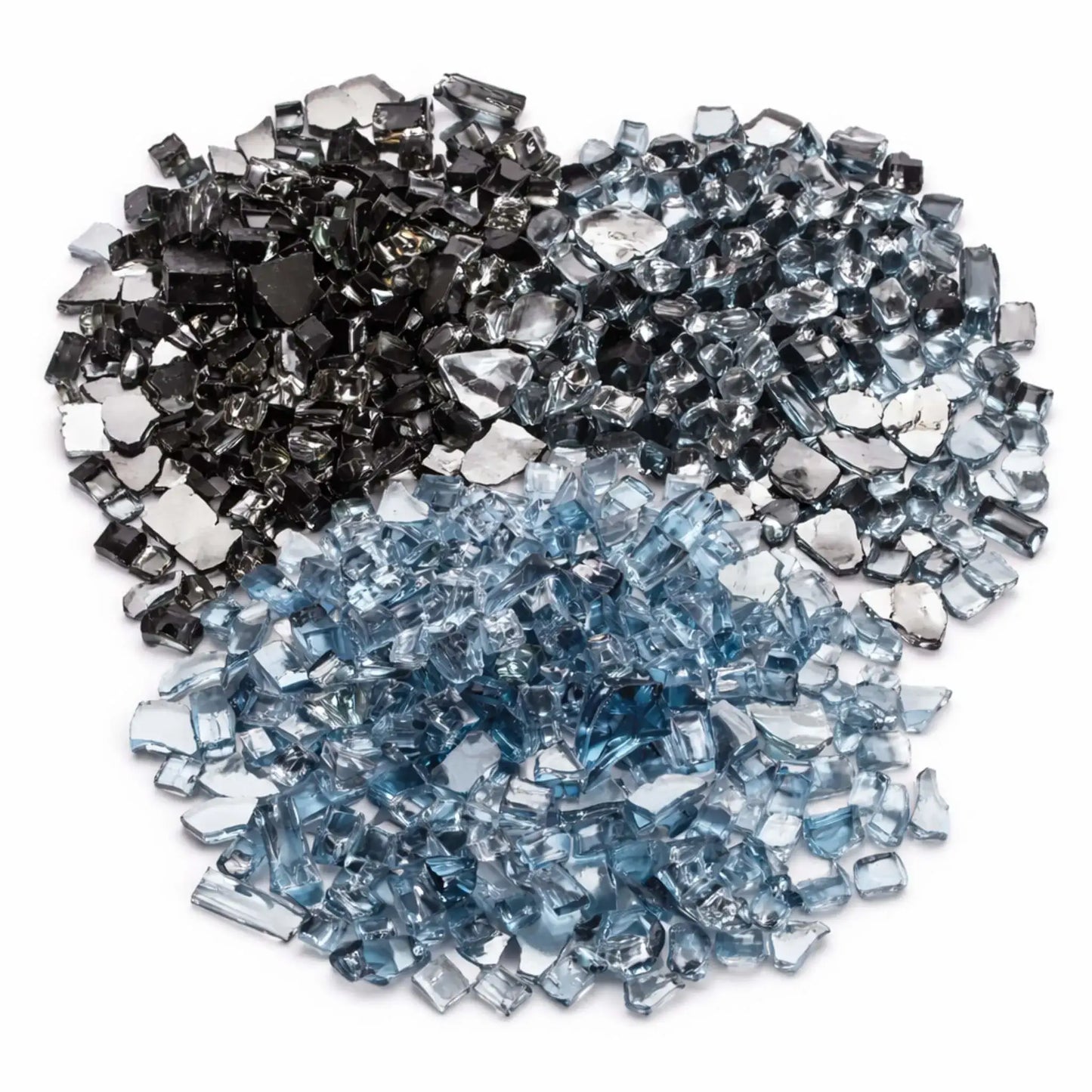 A mixed display of reflective tempered fire glass in black, smoky gray, and pacific blue tones, arranged in three distinct piles on a clean white background. The angular, jewel-like pieces catch light from multiple angles, showing mirrored backing and glossy surfaces, ideal for modern gas fire pits and fireplaces seeking a layered, high-contrast flame bed.