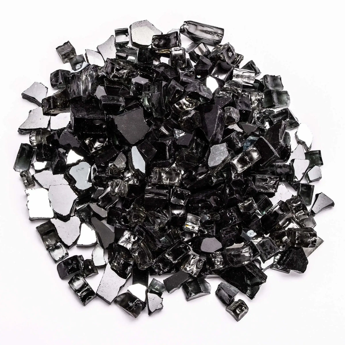 Close-up of reflective black tempered fire glass pieces scattered in a mound on a white background. The sharp-edged fragments feature a glossy finish with mirror-like backing, creating depth and shimmer. Perfect for contemporary fire pits or fireplaces where a bold, sleek, and dramatic flame presentation is desired.