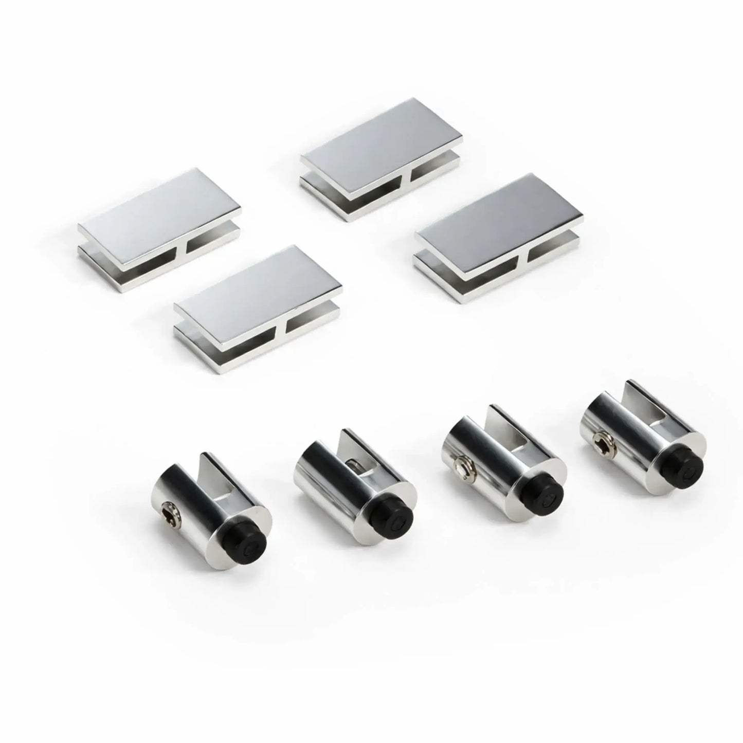 Close-up of wind guard hardware components including metal brackets, connectors, and rubber-tipped supports, displayed on a white background for fire pit glass wind guard assembly and extension applications.
