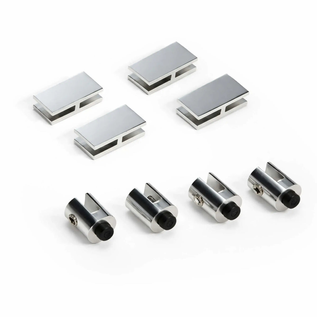 Close-up of wind guard hardware components including metal brackets, connectors, and rubber-tipped supports, displayed on a white background for fire pit glass wind guard assembly and extension applications.