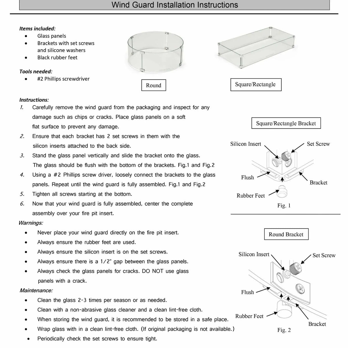 Instruction sheet for tempered glass wind guard installation, showing diagrams for round and rectangular configurations, labeled components, step-by-step assembly directions, and maintenance and safety guidelines.