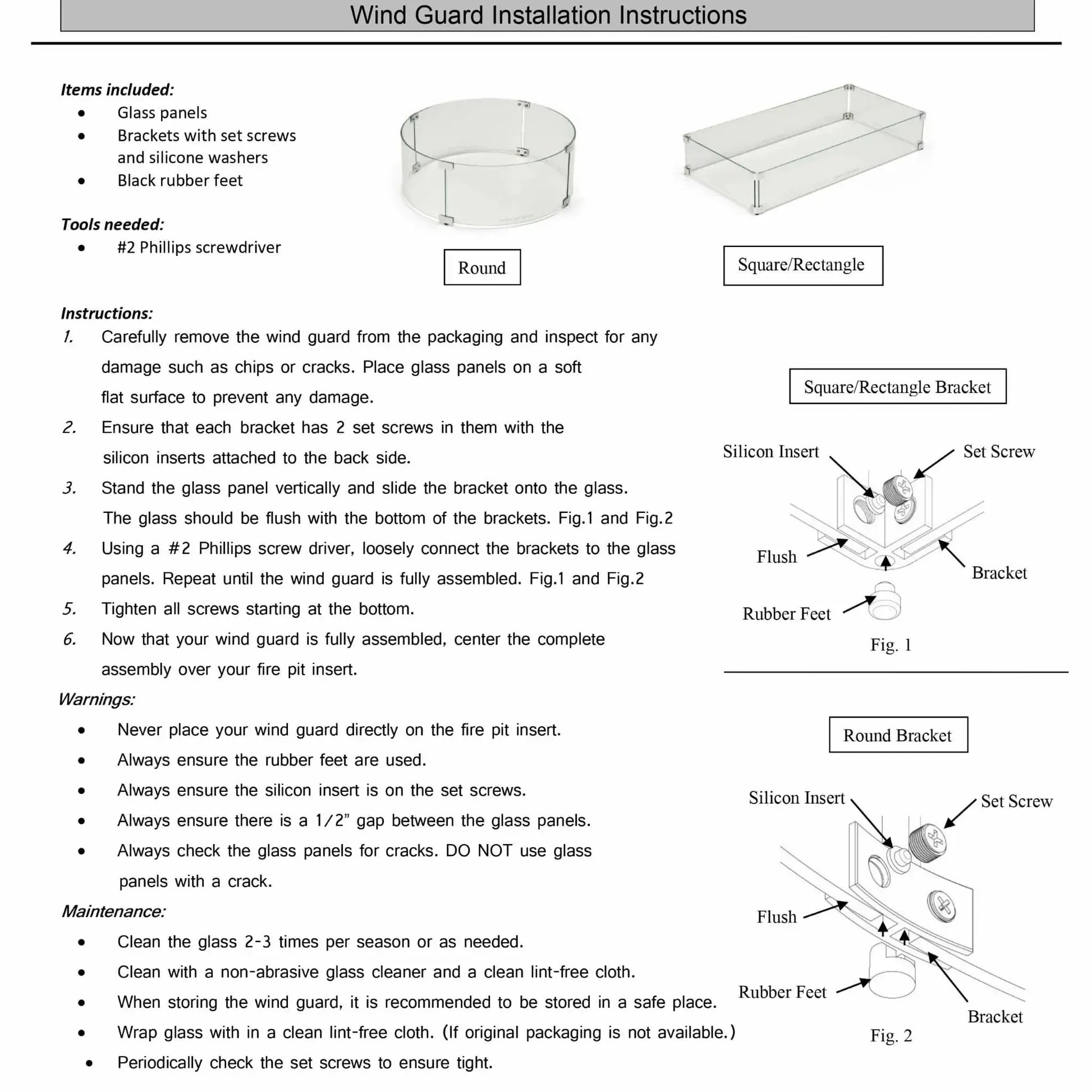 Instruction sheet for tempered glass wind guard installation, showing diagrams for round and rectangular configurations, labeled components, step-by-step assembly directions, and maintenance and safety guidelines.