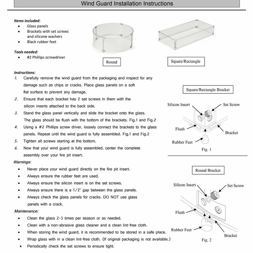 Instruction sheet for tempered glass wind guard installation, showing diagrams for round and rectangular configurations, labeled components, step-by-step assembly directions, and maintenance and safety guidelines.