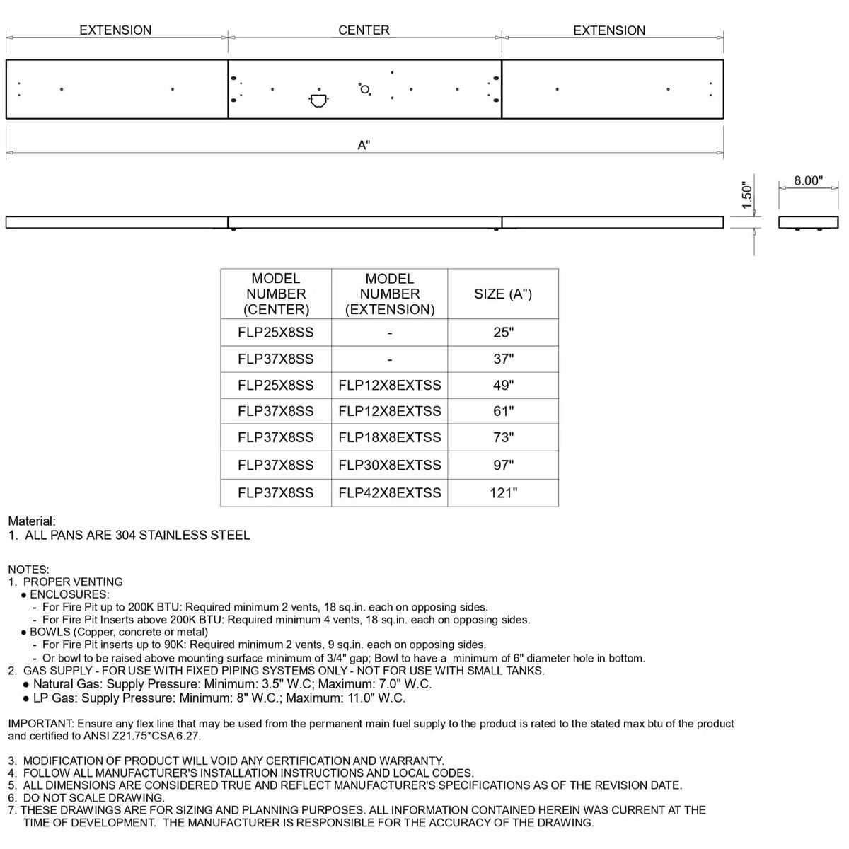 Technical specification sheet for a linear fire pit burner pan system, showing dimensional drawings, extension configurations, and model number options. Includes detailed sizing chart, material notes indicating 304 stainless steel construction, venting requirements, gas pressure specifications, and installation guidelines for safe and compliant fire feature design.