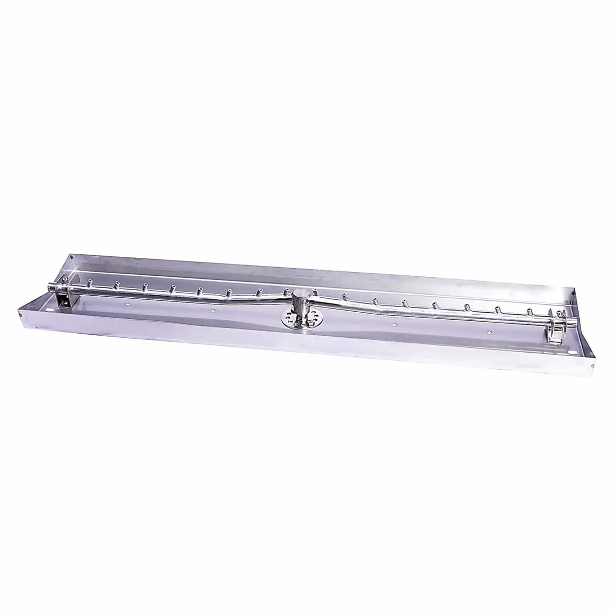 Studio product image of a stainless steel linear interlink burner pan system with integrated burner tube and mounting hardware. The elongated rectangular design features evenly spaced gas ports for consistent flame output, with a central connection hub for gas supply, ideal for custom linear fire pit installations.