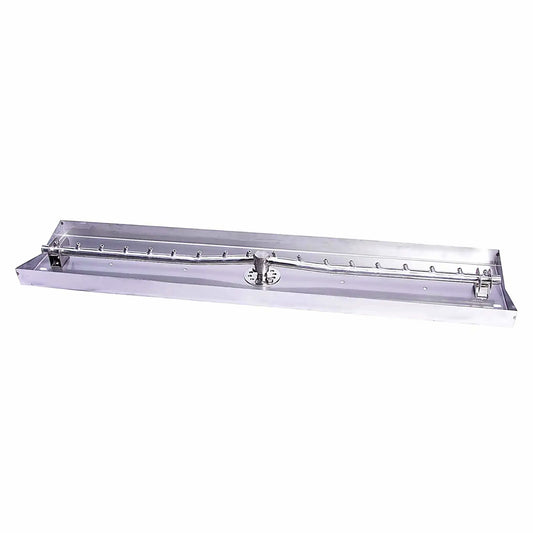 Studio product image of a stainless steel linear interlink burner pan system with integrated burner tube and mounting hardware. The elongated rectangular design features evenly spaced gas ports for consistent flame output, with a central connection hub for gas supply, ideal for custom linear fire pit installations.