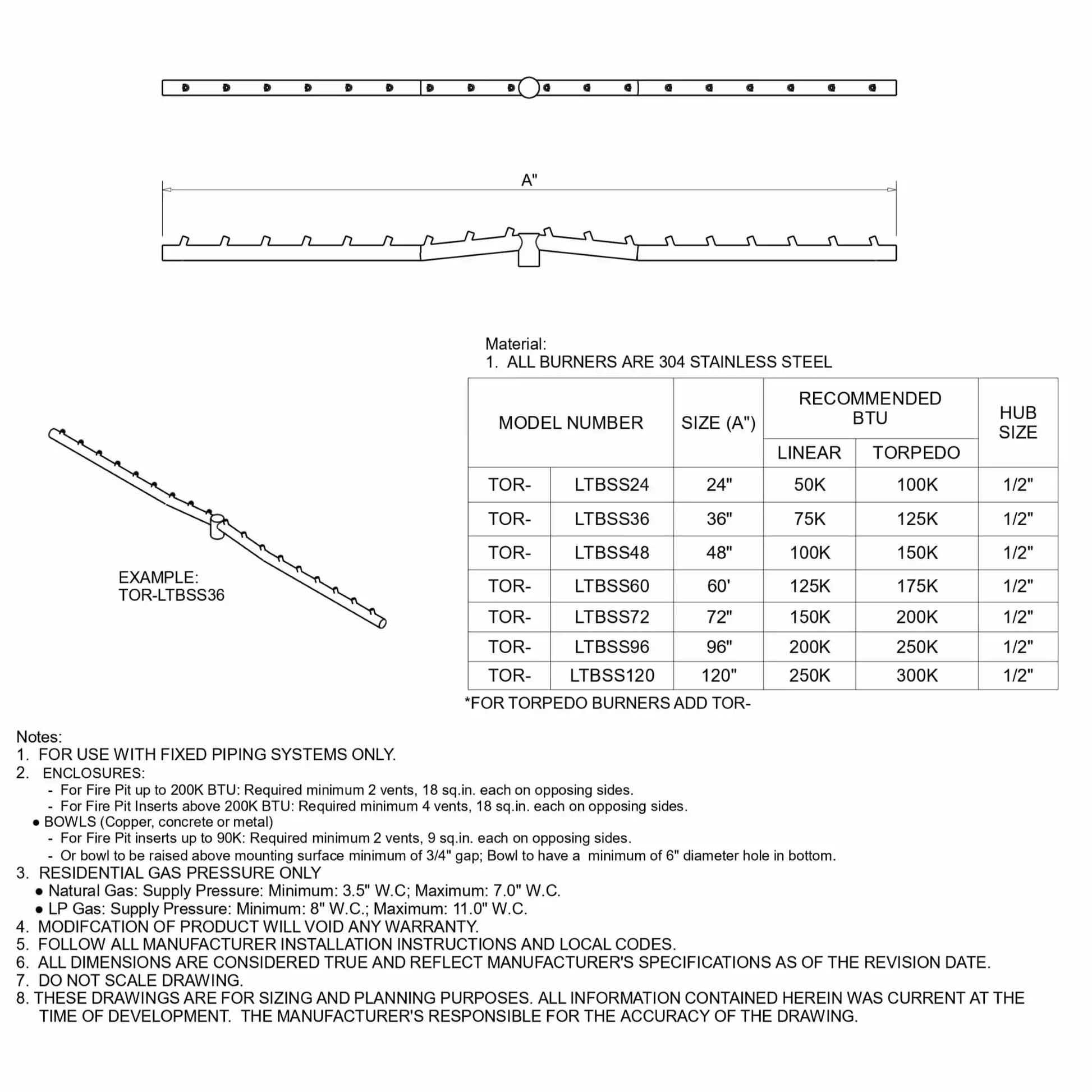 Engineering diagram of a torpedo-style linear T burner constructed from 304 stainless steel, featuring burner port layout, center gas inlet, and detailed dimensions. Chart lists sizes from 24 to 120 inches with BTU ratings for linear and torpedo configurations, hub size, and venting requirements for fire pit installations.