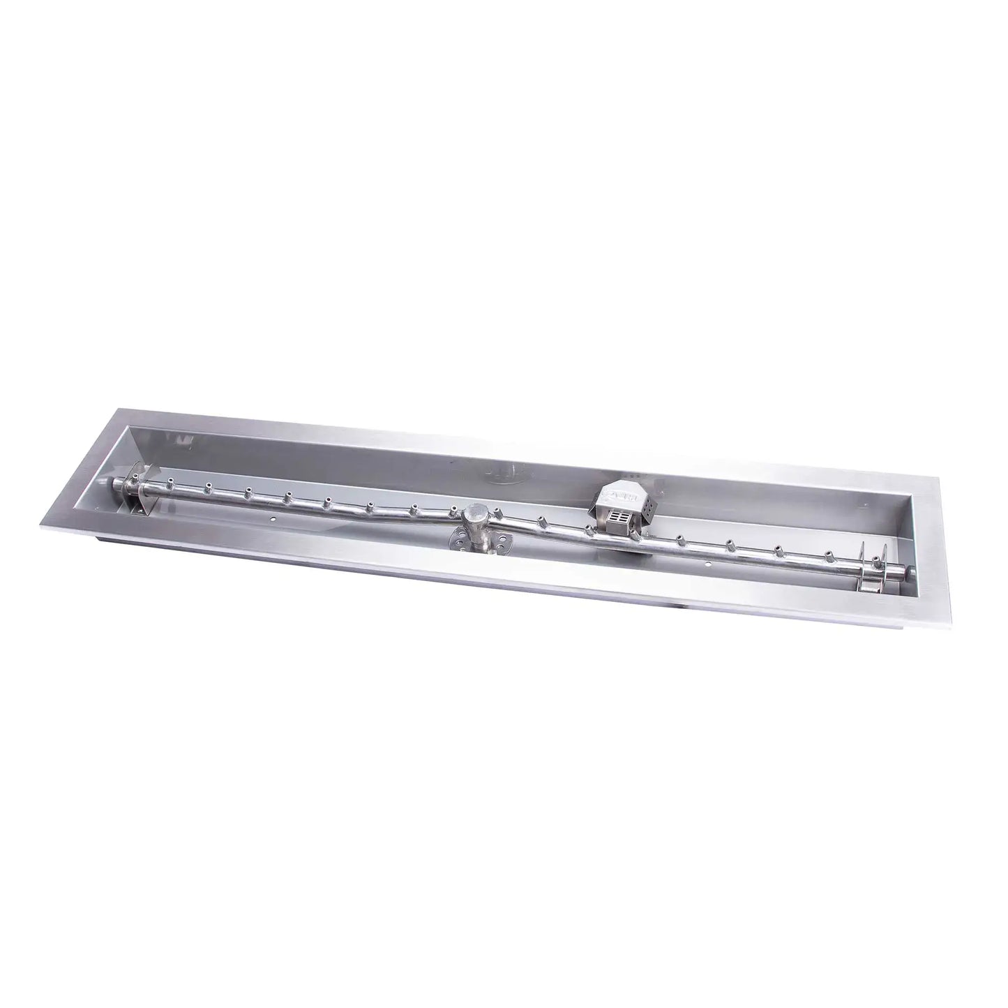 Close-up product image of a stainless steel linear trough fire pit pan paired with a torpedo-style T burner, showing gas inlet connection, burner ports, and integrated ignition components. The polished metal finish highlights the durable 304 stainless steel construction designed for custom fire pit builds.