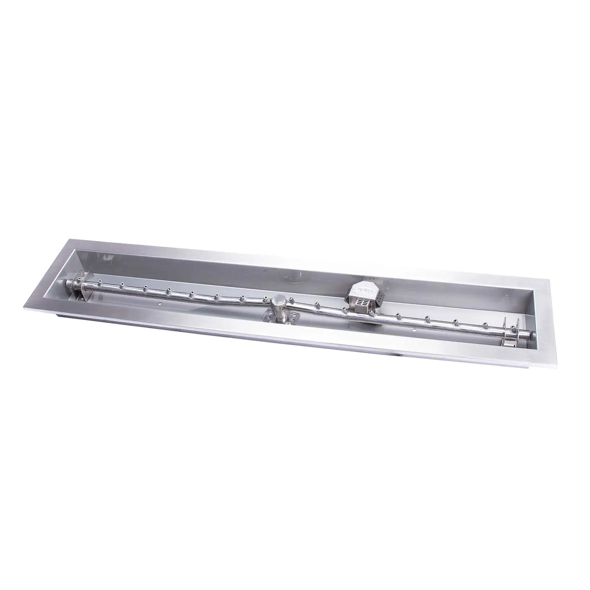 Close-up product image of a stainless steel linear trough fire pit pan paired with a torpedo-style T burner, showing gas inlet connection, burner ports, and integrated ignition components. The polished metal finish highlights the durable 304 stainless steel construction designed for custom fire pit builds.