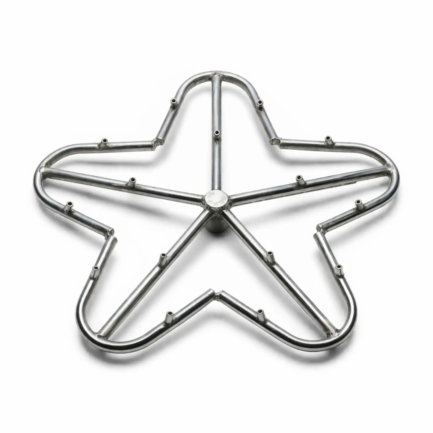 Stainless steel torpedo penta fire pit burner with raised nozzle ports and five-lobe configuration, displayed on a white background to emphasize durable construction and optimized flame distribution design.
