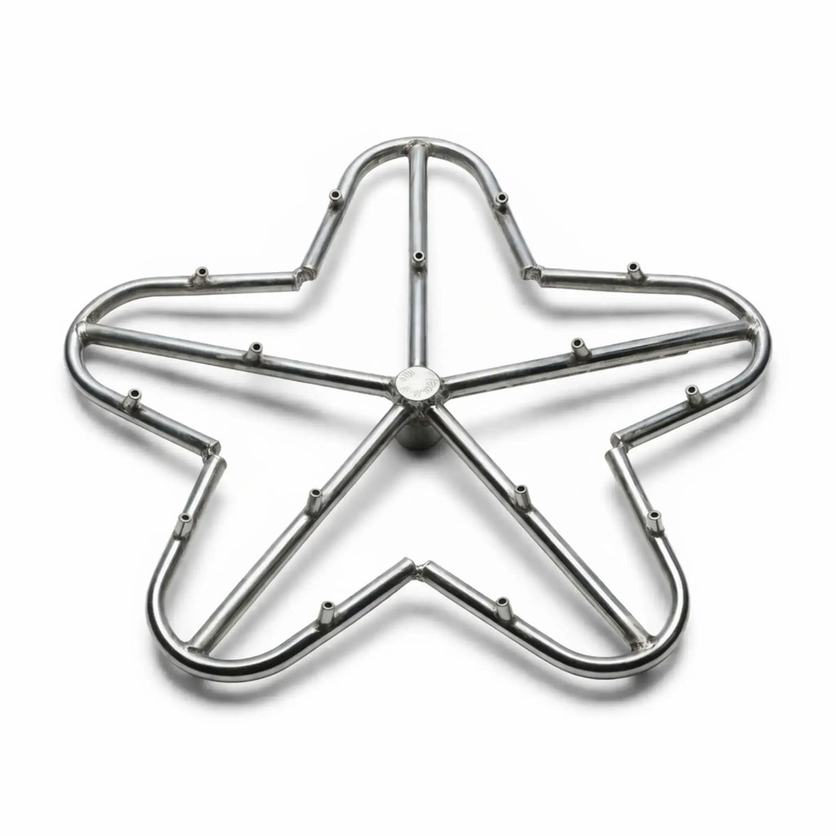 Stainless steel torpedo penta fire pit burner with raised nozzle ports and five-lobe configuration, displayed on a white background to emphasize durable construction and optimized flame distribution design.