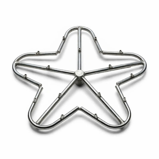 Stainless steel torpedo penta fire pit burner with raised nozzle ports and five-lobe configuration, displayed on a white background to emphasize durable construction and optimized flame distribution design.