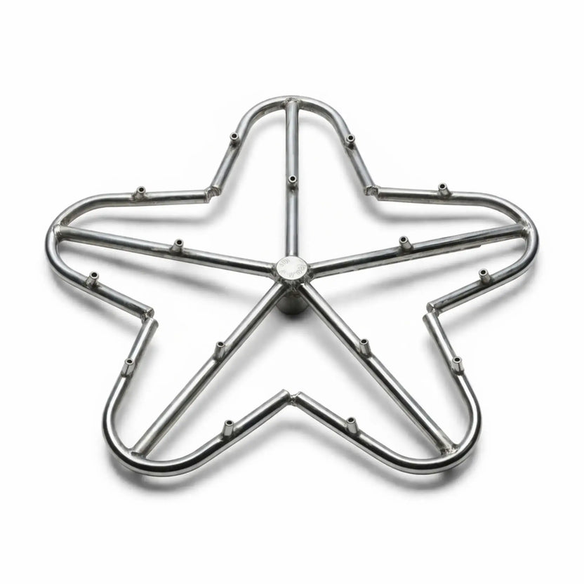 Stainless steel torpedo penta fire pit burner with raised nozzle ports and five-lobe configuration, displayed on a white background to emphasize durable construction and optimized flame distribution design.