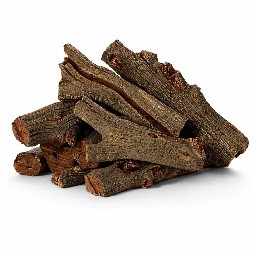 Realistic Western driftwood-style gas fire pit logs displayed on a clean white background, featuring detailed bark texture, natural cracks, and weathered wood tones in gray and brown. The set is arranged in a stacked formation, highlighting varied log sizes and lifelike craftsmanship designed to replicate aged driftwood for gas fire features.