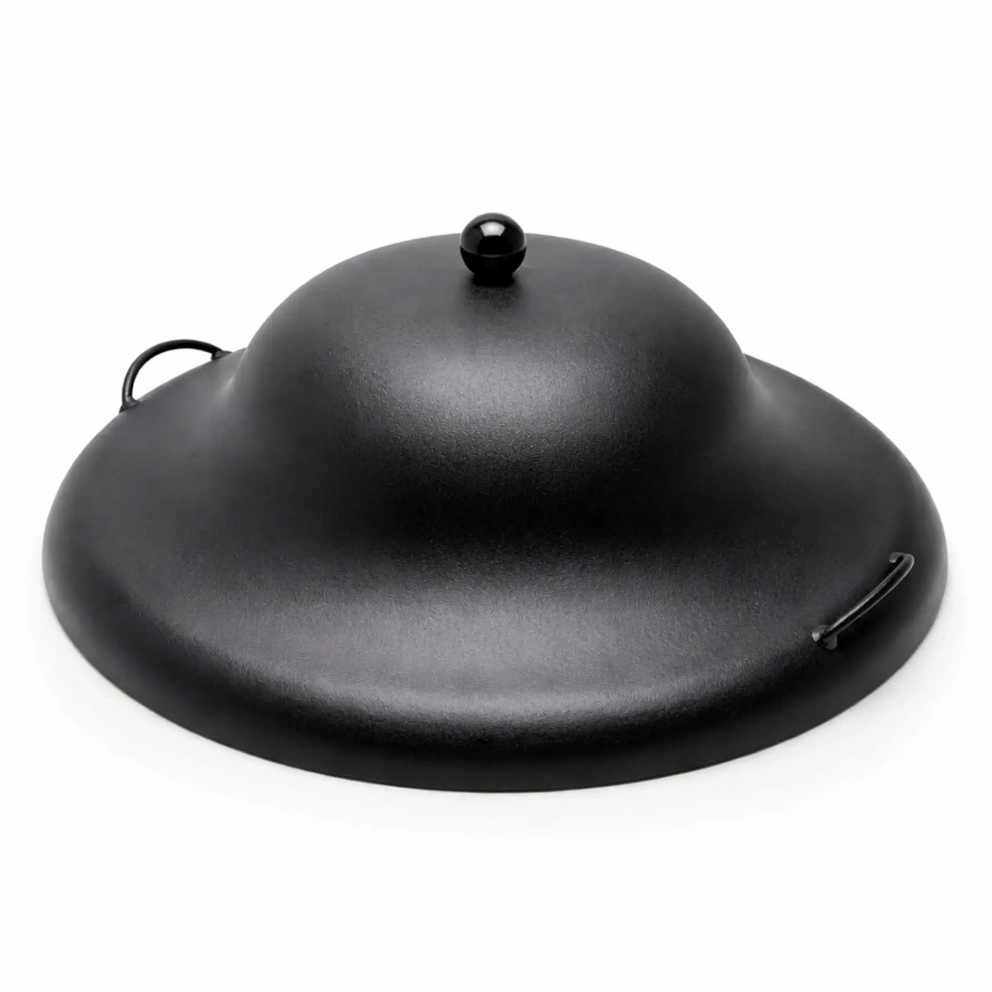 Matte black aluminum round fire pit burner cover with a tall domed profile, featuring a smooth textured finish and a centered ball-style handle. Two small side loop handles provide easy lifting. The sleek, modern design is highlighted against a clean white background, showcasing its durable construction and minimalist aesthetic for outdoor fire features.