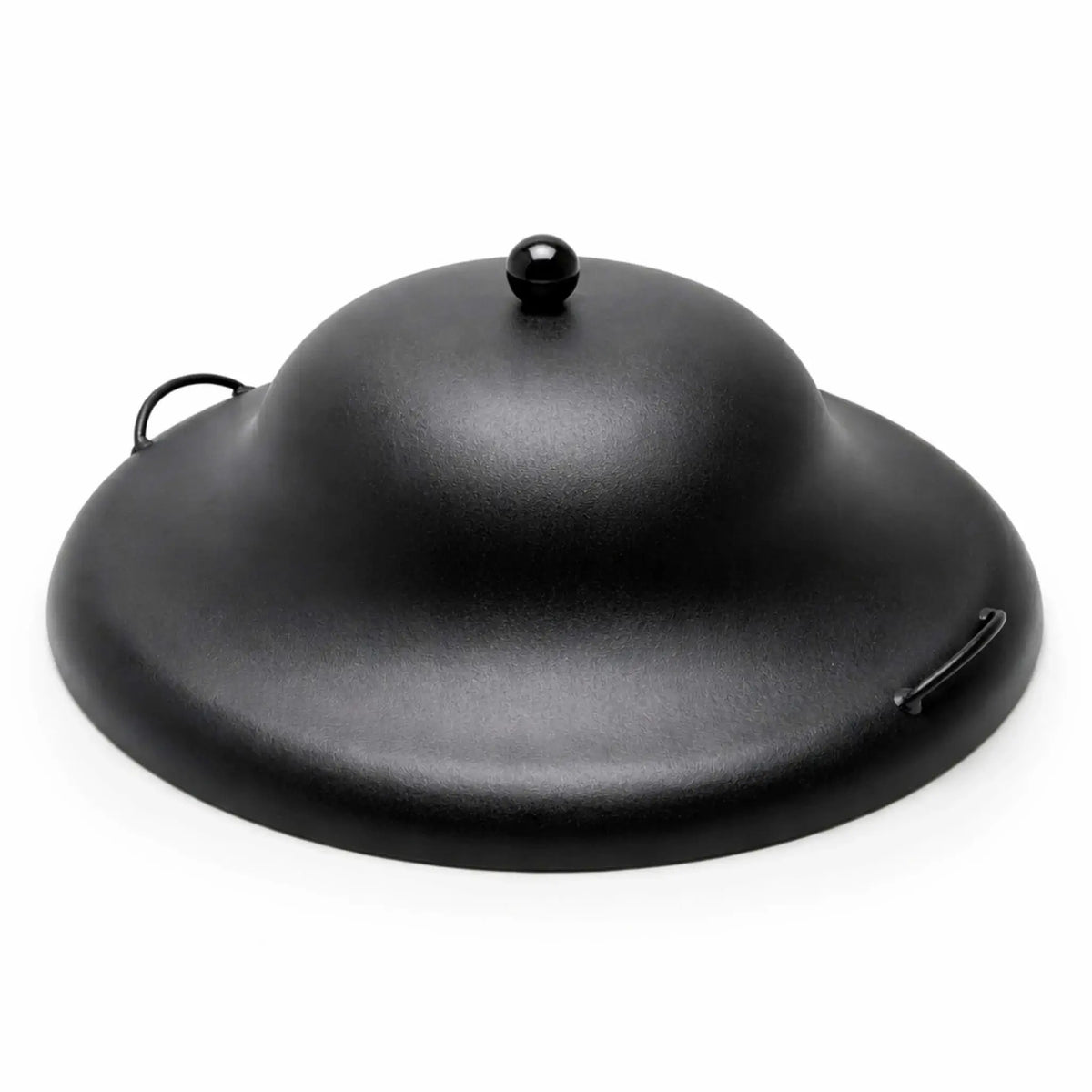 Matte black aluminum round fire pit burner cover with a tall domed profile, featuring a smooth textured finish and a centered ball-style handle. Two small side loop handles provide easy lifting. The sleek, modern design is highlighted against a clean white background, showcasing its durable construction and minimalist aesthetic for outdoor fire features.