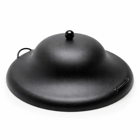Matte black aluminum round fire pit burner cover with a tall domed profile, featuring a smooth textured finish and a centered ball-style handle. Two small side loop handles provide easy lifting. The sleek, modern design is highlighted against a clean white background, showcasing its durable construction and minimalist aesthetic for outdoor fire features.