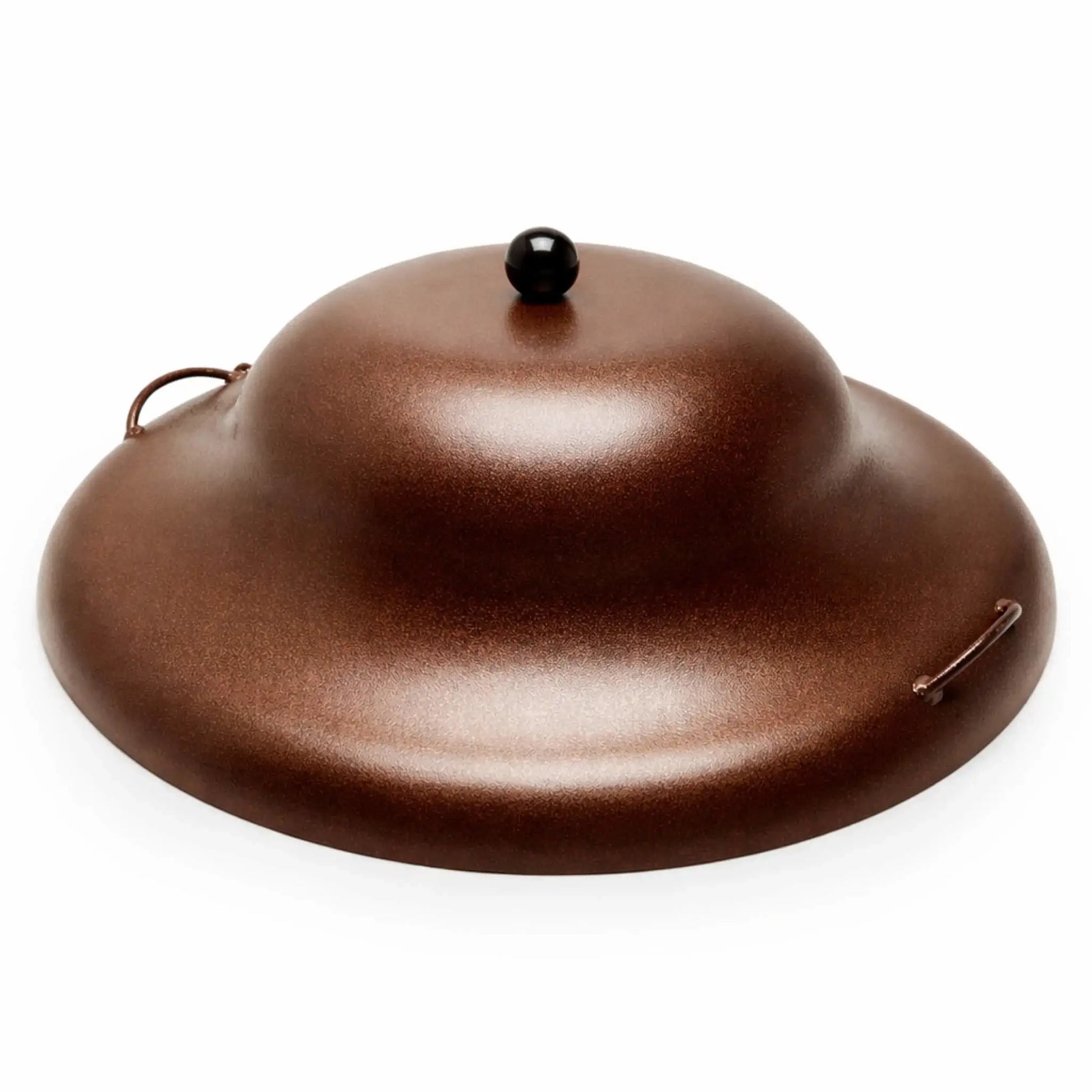 Copper vein aluminum round fire pit burner cover with a tall domed shape, accented by a rich bronze-toned textured finish. The cover includes a glossy black top knob and two side handles for easy removal. Set on a white background, the warm metallic tones and subtle speckled texture give it a refined, high-end look ideal for outdoor fire pits.