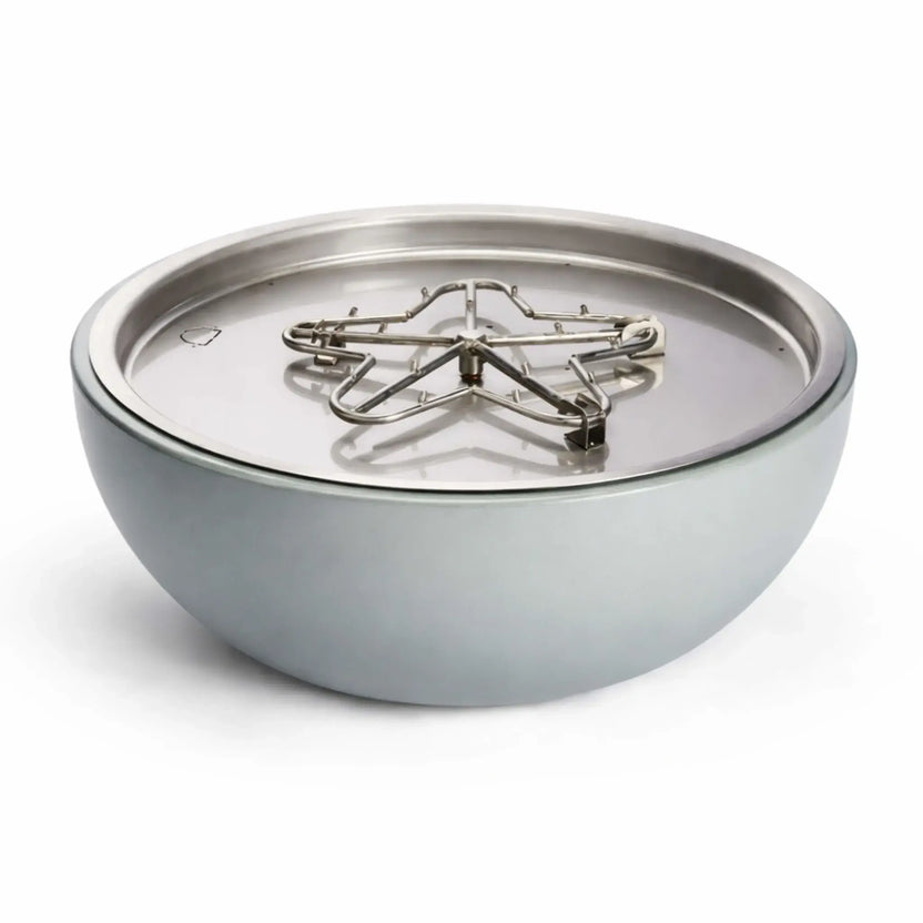 HPC Fire Inspired Hearth Products aluminum spun fire bowl with smooth concrete-style exterior finish, featuring a recessed stainless steel pan and penta torpedo burner assembly. The round fire pit bowl design showcases a clean, modern look with integrated gas burner ports for even flame distribution, ideal for contemporary outdoor fire features and backyard fire pit installations.