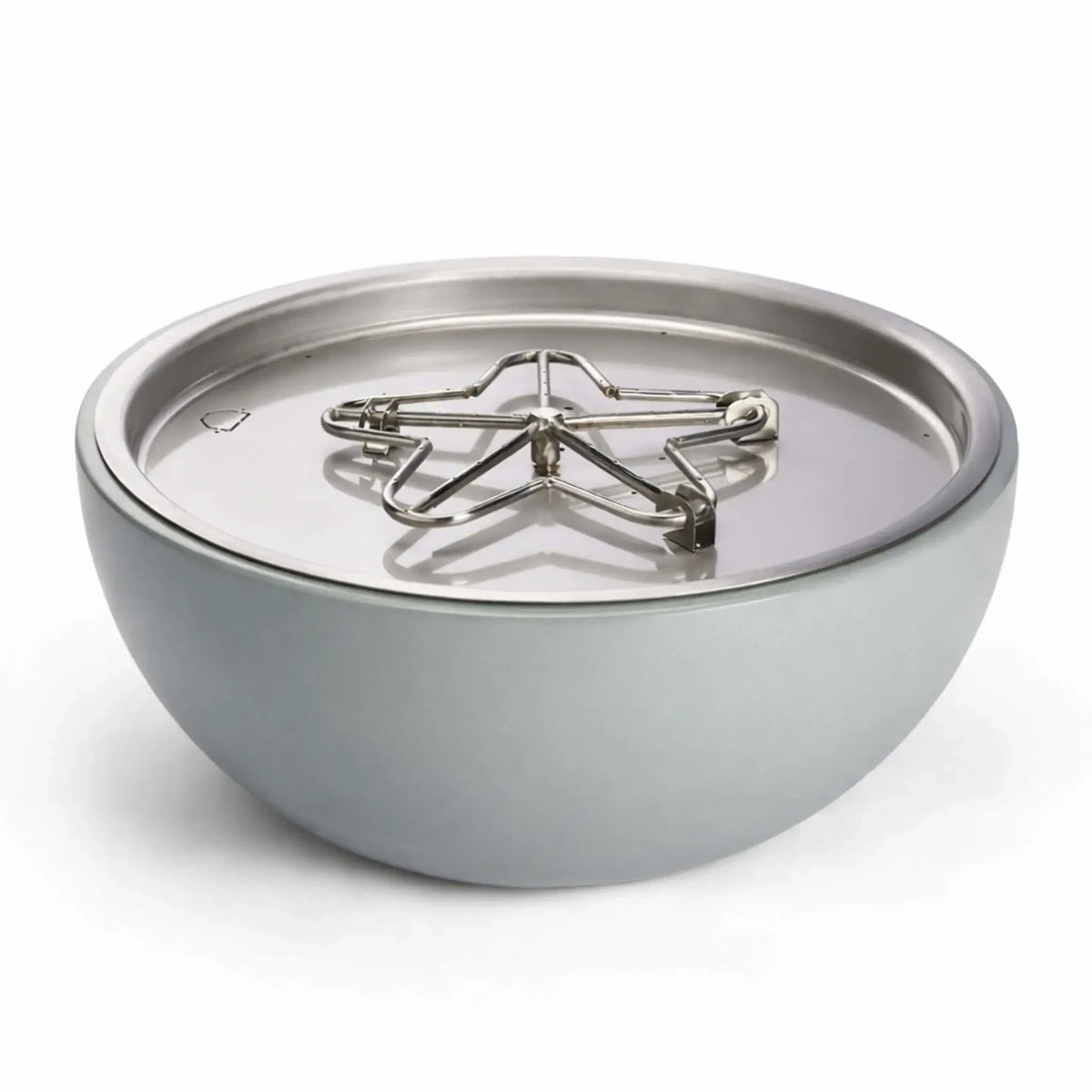 HPC Fire Inspired Hearth Products aluminum spun fire bowl with concrete-style finish, featuring a recessed stainless steel pan and standard penta burner configuration. This round fire pit bowl design highlights a clean, modern aesthetic with evenly spaced burner ports for consistent flame output, making it ideal for contemporary outdoor fire features and residential backyard fire pit installations.