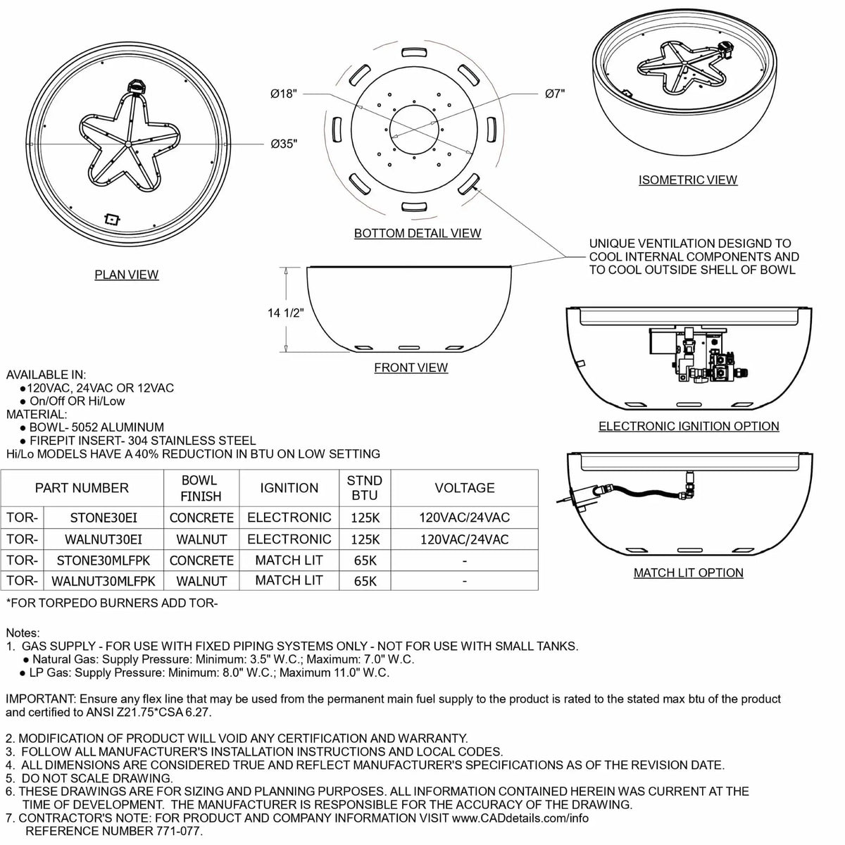 HPC Fire Inspired Hearth Products Controls aluminum spun bowls specification sheet featuring plan, bottom detail, front, and isometric views of a round fire bowl with star-shaped burner. Diagram highlights ventilation slots, electronic ignition and match lit options, BTU ratings, voltage specs, and bowl finishes like concrete and walnut, with detailed dimensions and installation notes for outdoor gas fire features.