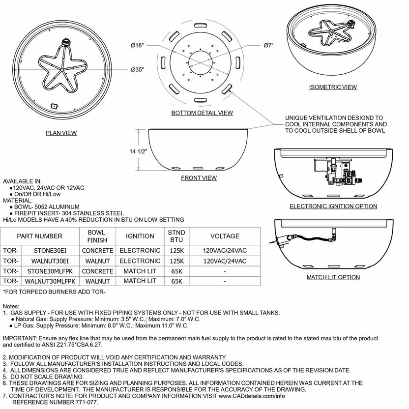 HPC Fire Inspired Hearth Products Controls aluminum spun bowls specification sheet featuring plan, bottom detail, front, and isometric views of a round fire bowl with star-shaped burner. Diagram highlights ventilation slots, electronic ignition and match lit options, BTU ratings, voltage specs, and bowl finishes like concrete and walnut, with detailed dimensions and installation notes for outdoor gas fire features.