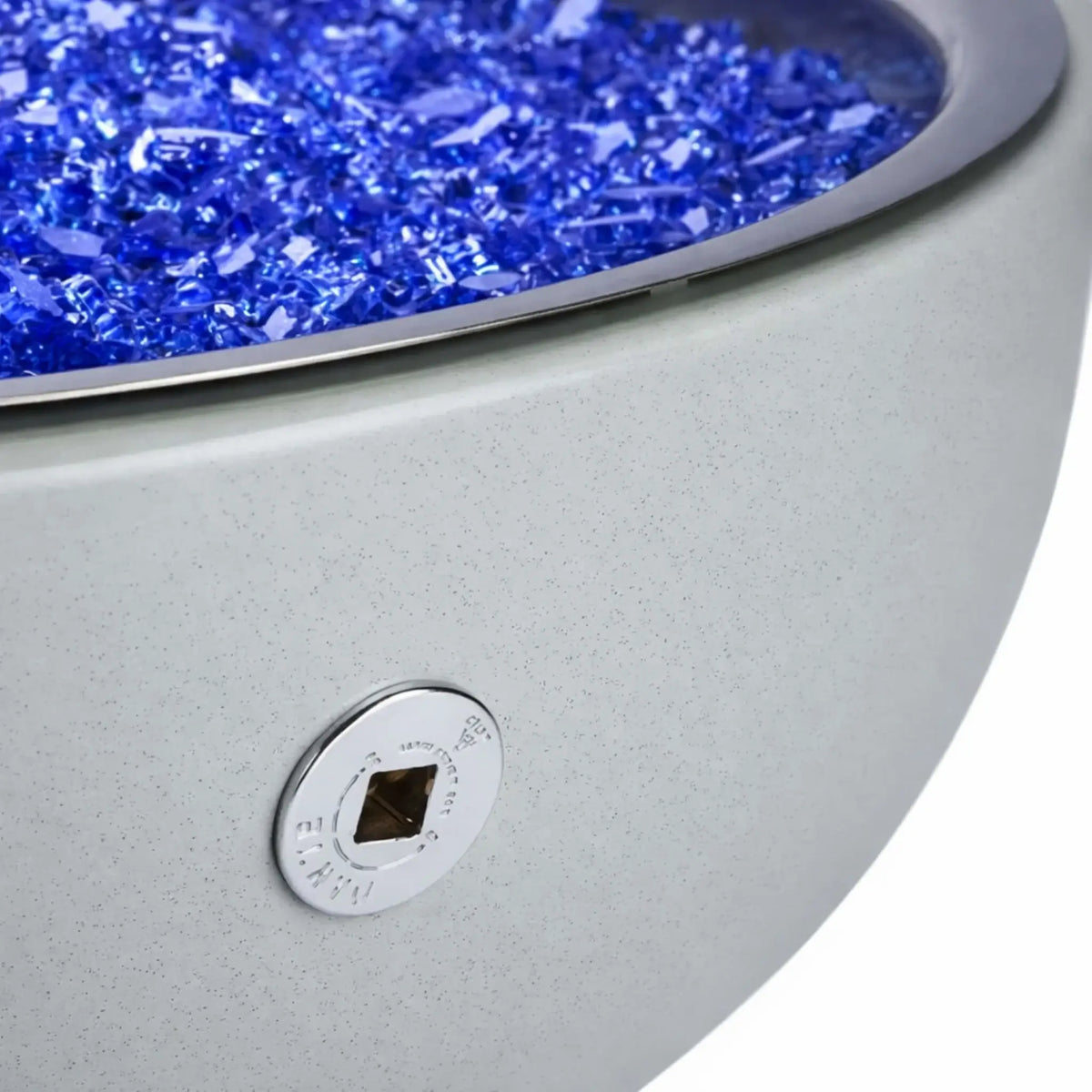 HPC Fire Inspired Hearth Products aluminum spun bowl detail featuring match lit key valve access port on the side, designed for manual ignition control in gas fire pit systems with a clean integrated finish.