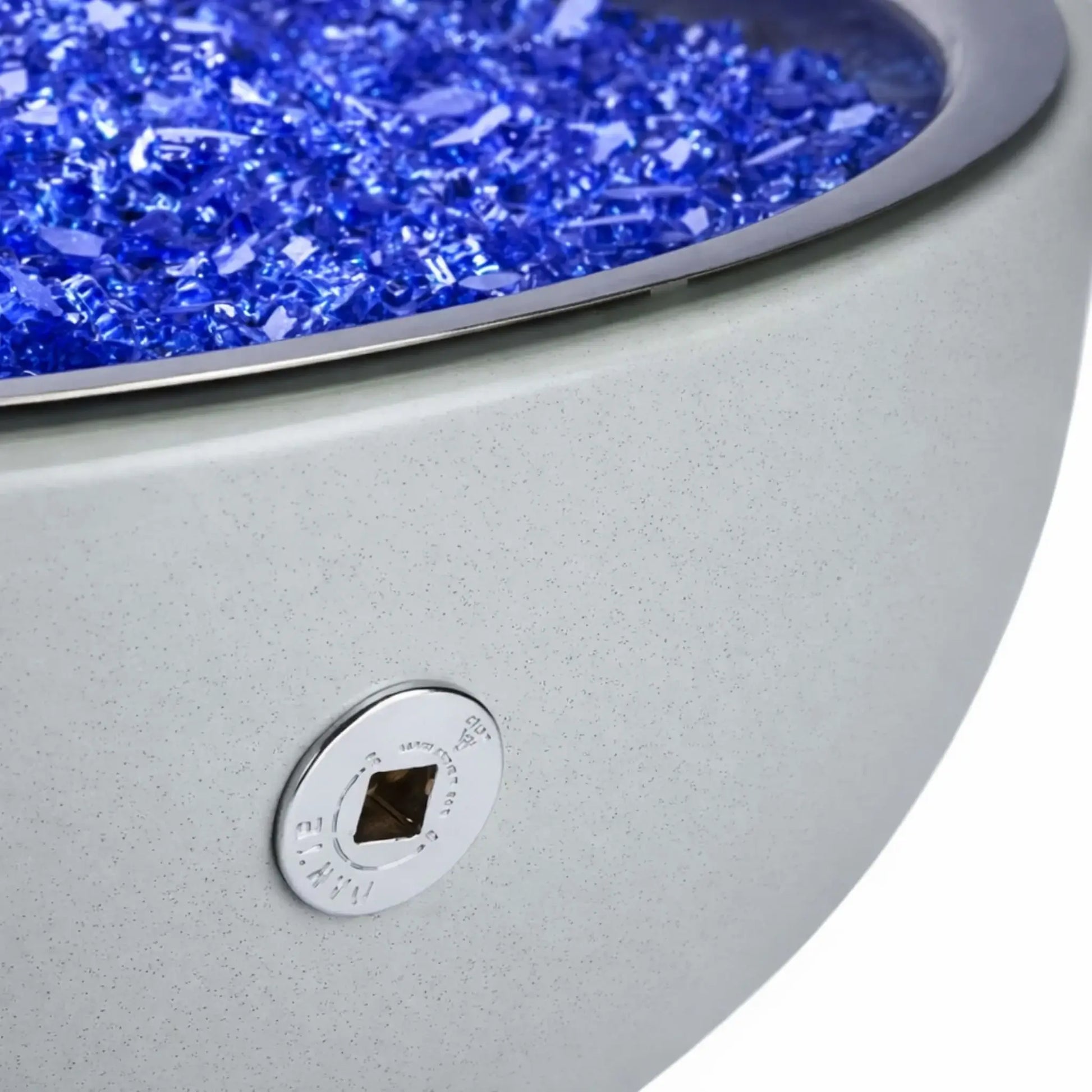 HPC Fire Inspired Hearth Products aluminum spun bowl detail featuring match lit key valve access port on the side, designed for manual ignition control in gas fire pit systems with a clean integrated finish.