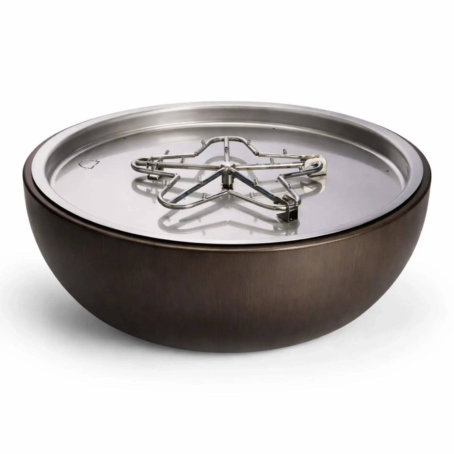HPC Fire Inspired Hearth Products walnut penta torpedo fire bowl with stainless steel burner assembly installed, showcasing the circular aluminum spun bowl design and precision burner layout for even flame distribution.