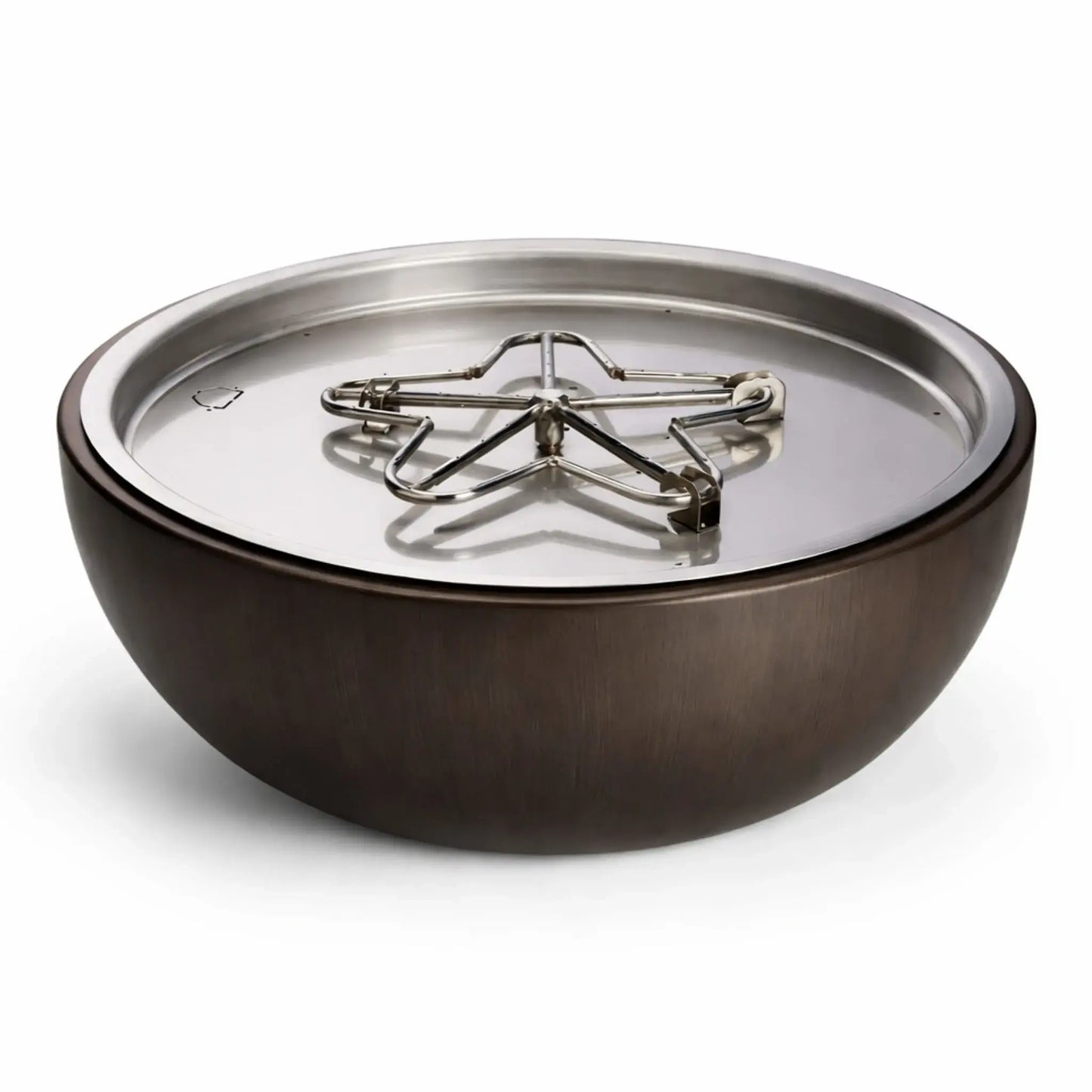 HPC Fire Inspired Hearth Products walnut penta aluminum spun fire bowl showing the stainless steel penta burner insert inside the round bowl, emphasizing the clean layout and durable construction of this modern gas fire pit system.