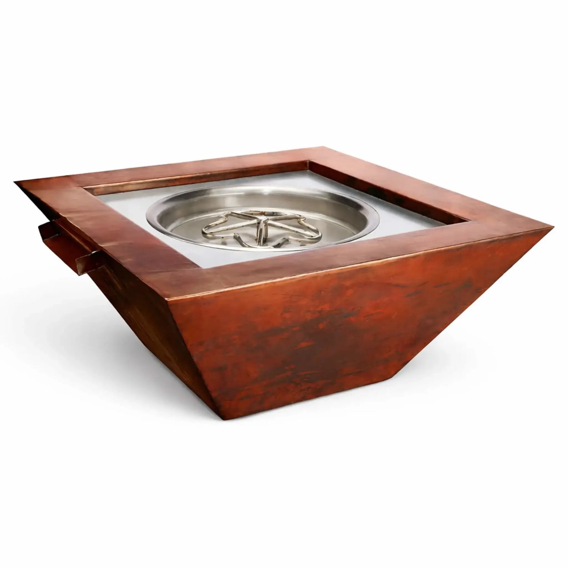 HPC Fire Inspired Sierra Series 36 x 36 inch FireWater copper bowl displayed on a white background, featuring a square tapered body with built-in water scupper and stainless steel burner insert. The rich copper finish and dual fire and water functionality make it ideal for modern pool and landscape designs.