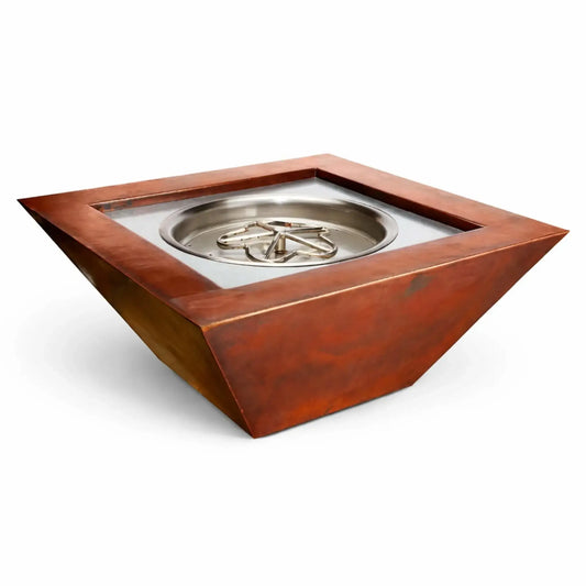 HPC Fire Inspired Sierra Series 36 x 36 inch copper fire bowl shown on a clean white background, featuring a square tapered design with a stainless steel burner insert. The natural copper patina finish highlights the modern geometric shape, ideal for outdoor fire pit installations.