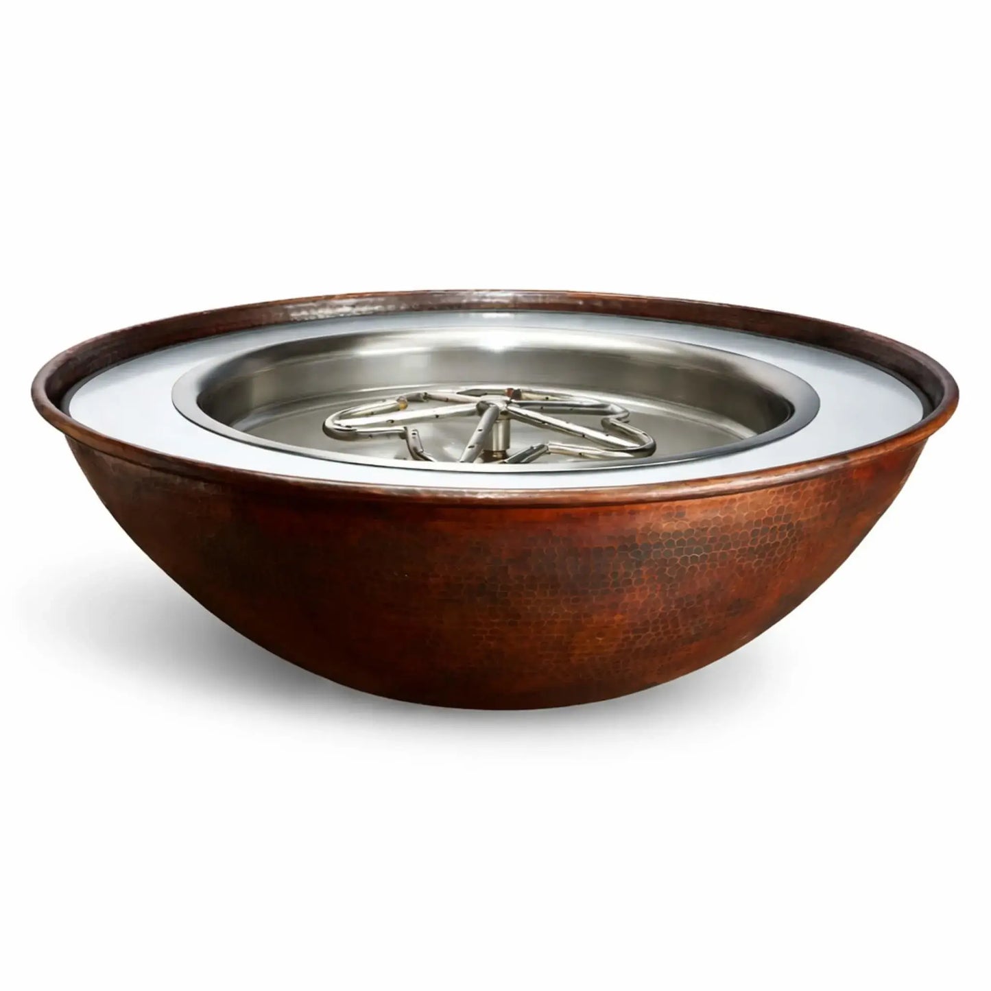Clean product image of HPC Fire Inspired Tempe Series copper fire bowl on a white background, showcasing the hammered copper exterior, smooth stainless steel burner pan, and circular burner ring. The minimalist presentation emphasizes the craftsmanship, materials, and modern design of this outdoor gas fire bowl.