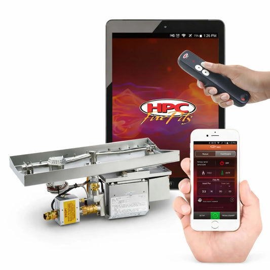 HPC Fire Inspired Hearth Products controls system featuring a linear interlink drop-in electronic ignition unit with stainless steel burner assembly, shown alongside a tablet displaying the HPC Fire app interface, a handheld remote control, and a smartphone app for Hi Lo flame adjustment. The image highlights smart fire pit control technology compatible with iPad and iPhone for wireless operation and precise flame management.