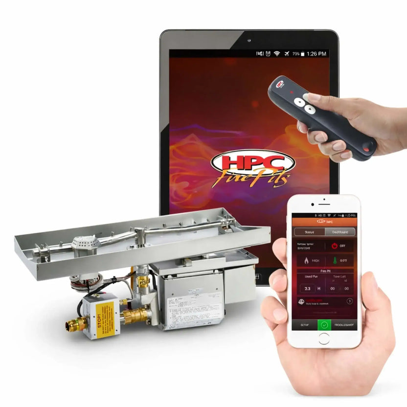 HPC Fire Inspired Hearth Products controls system featuring a linear interlink drop-in electronic ignition unit with stainless steel burner assembly, shown alongside a tablet displaying the HPC Fire app interface, a handheld remote control, and a smartphone app for Hi Lo flame adjustment. The image highlights smart fire pit control technology compatible with iPad and iPhone for wireless operation and precise flame management.