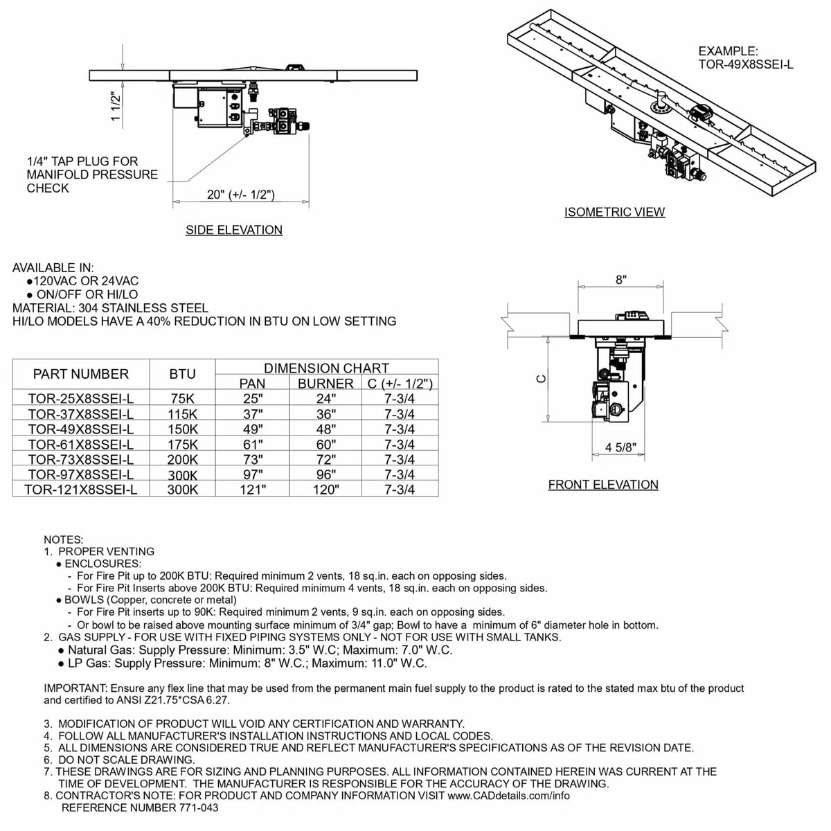 Technical specification sheet for HPC Fire Inspired Hearth Products Linear Interlink Drop-In burner system, showing dimension diagrams, side and front elevation views, BTU chart, material details, and installation notes for electronic ignition on/off and hi-low configurations.