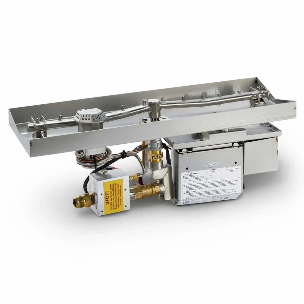 Product image of HPC Fire Inspired Hearth Products Linear Interlink Drop-In electronic ignition burner system on a clean white background, highlighting stainless steel pan, T burner assembly, gas valve, control box, and safety components for linear fire pit installations.