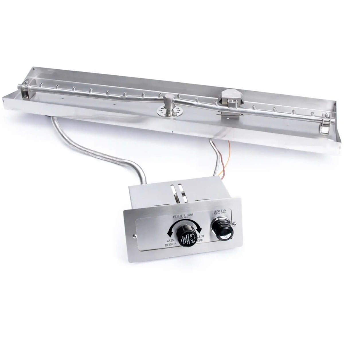 Product image of the HPC Fire Linear Interlink Drop-In FPPK Push Button Flame Sensing burner system on a white background, featuring a stainless steel rectangular burner pan, integrated linear burner tube, flex gas line, and control box with ignition knob and flame sensing controls for safe and reliable fire pit operation.