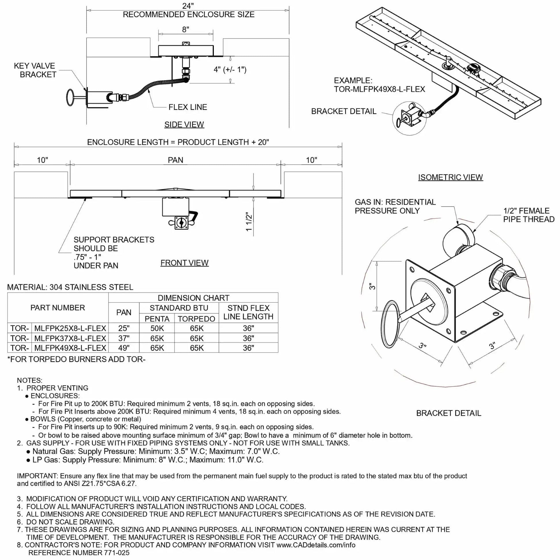 HPC Fire Inspired Hearth Products Controls linear interlink drop-in match lit MLFPK FLEX specification sheet showing side, front, and isometric views of a rectangular burner pan system with flex gas line, key valve bracket, and support brackets. Diagram includes enclosure sizing, BTU ratings, pan dimensions, and detailed bracket connection with 1/2 inch female pipe thread, plus installation notes for outdoor linear fire pit setups.