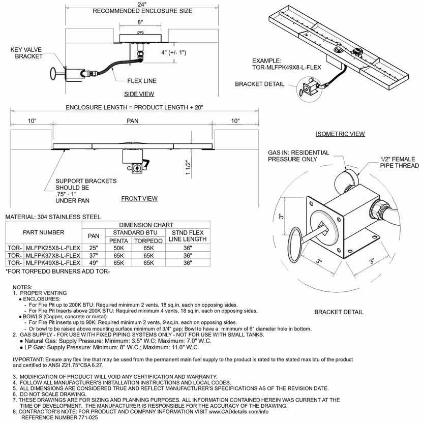 HPC Fire Inspired Hearth Products Controls linear interlink drop-in match lit MLFPK FLEX specification sheet showing side, front, and isometric views of a rectangular burner pan system with flex gas line, key valve bracket, and support brackets. Diagram includes enclosure sizing, BTU ratings, pan dimensions, and detailed bracket connection with 1/2 inch female pipe thread, plus installation notes for outdoor linear fire pit setups.