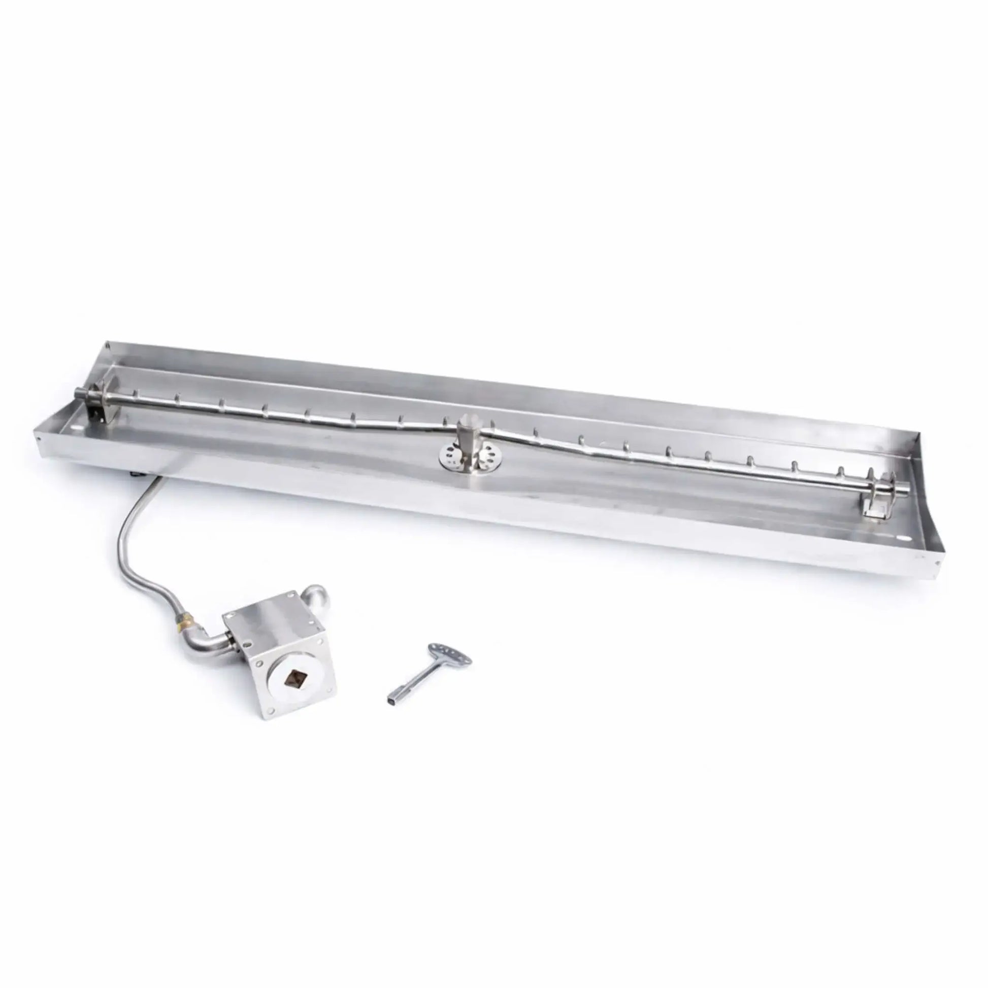 Close-up product image of the HPC Fire Linear Interlink Drop-In Match Lit CSA MLFPK FLEX burner system on a clean white background, showing the stainless steel rectangular pan, integrated linear burner tube with evenly spaced ports, gas inlet connection, flex line, and key valve assembly designed for custom linear fire pit installations.