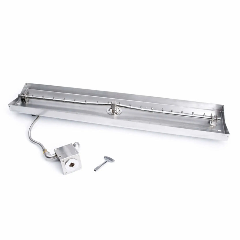 Close-up product image of the HPC Fire Linear Interlink Drop-In Match Lit CSA MLFPK FLEX burner system on a clean white background, showing the stainless steel rectangular pan, integrated linear burner tube with evenly spaced ports, gas inlet connection, flex line, and key valve assembly designed for custom linear fire pit installations.