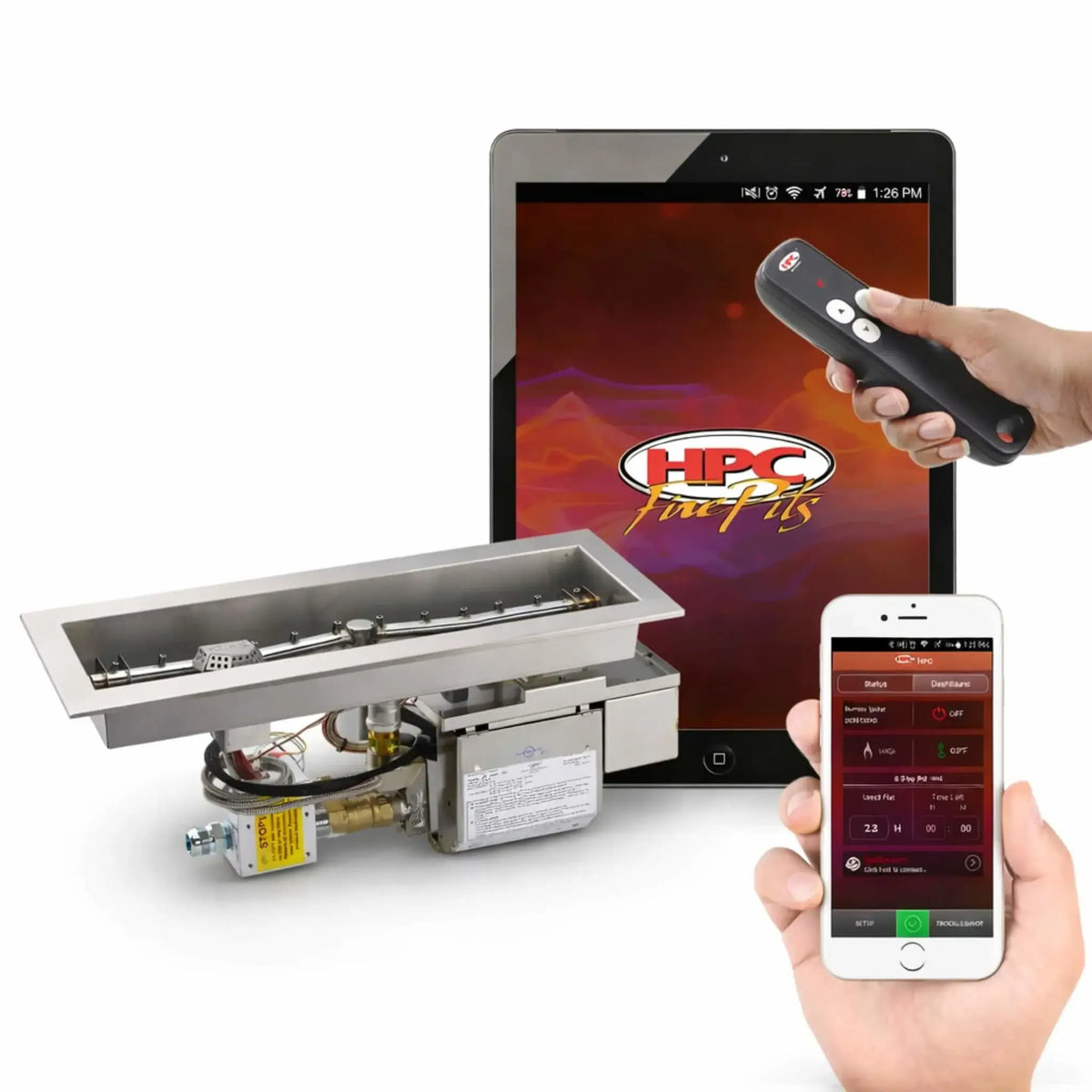 Product display of an HPC Fire Inspired linear trough drop-in electronic ignition burner system on a clean white background, paired with a tablet, smartphone app, and handheld remote. The setup clearly highlights Hi/Lo functionality, allowing users to adjust flame height from low to high using a remote, mobile app, or smart tablet for precise control and modern convenience.